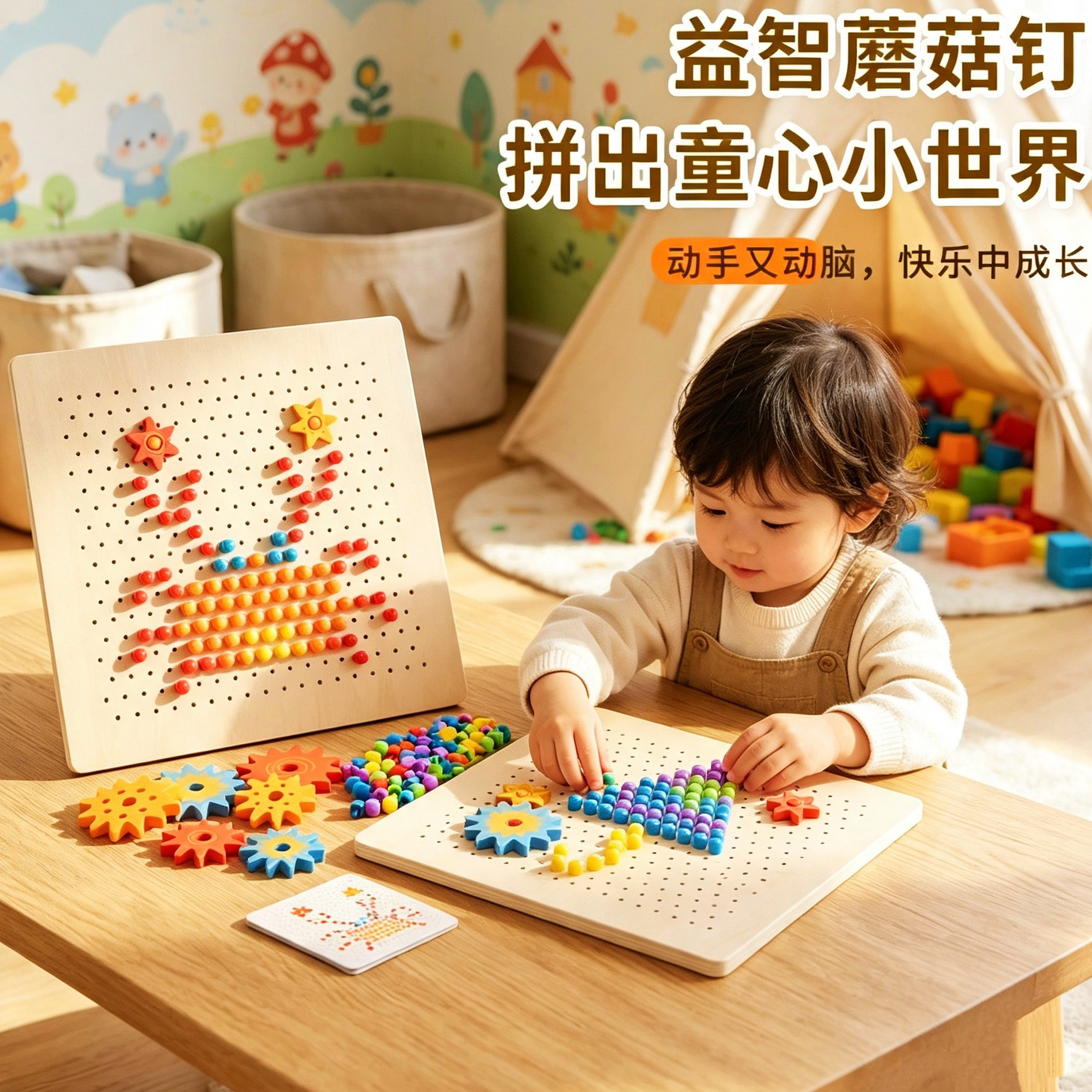儿童创意DIY蘑菇钉像素画拼板立体拼图拼拼乐益智力开发木制玩具