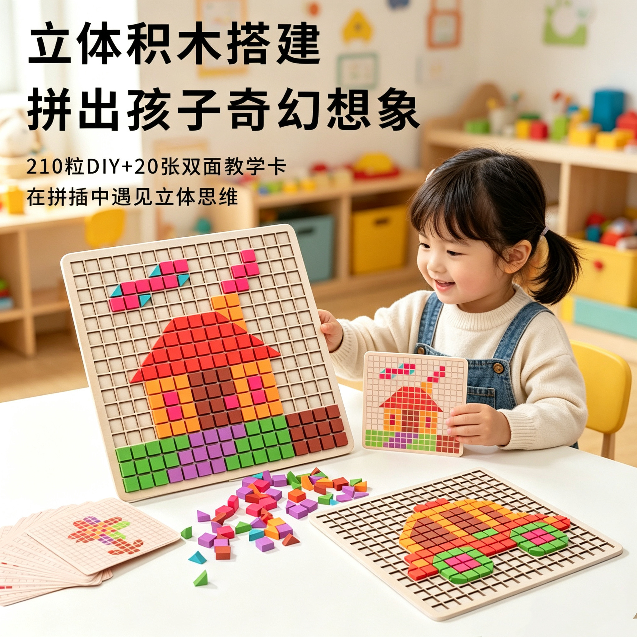 儿童早教益智专注力训练立体积木粒玩具宝宝像素马赛克木制拼图板