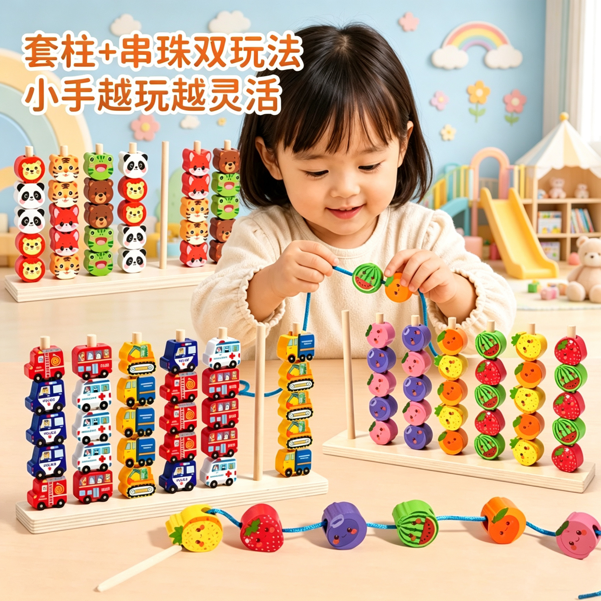 儿童趣味水果串珠颜色分类对对碰串串乐幼儿园益智早教穿绳子玩具