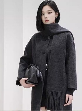 【送围巾】曼娅奴女冬新款高级感灰色大衣保暖毛呢外套MP44GB707