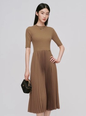 娅奴女装2025早春款优雅复古轻奢风拼接针织百褶裙子MP14DW612