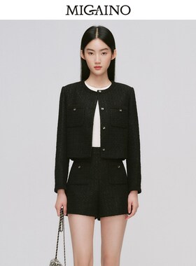 曼娅奴2024年秋冬新款圆领设计感轻奢黑色小香风外套女MO44SC603