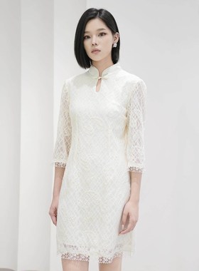 曼娅奴女装2025秋冬新款优雅新中式修身蕾丝绣花连衣裙MP34DC604