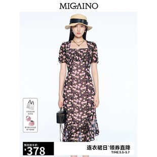 曼娅奴印花连衣裙女2023夏新款方领优雅设计感波点裙子MN24DA661