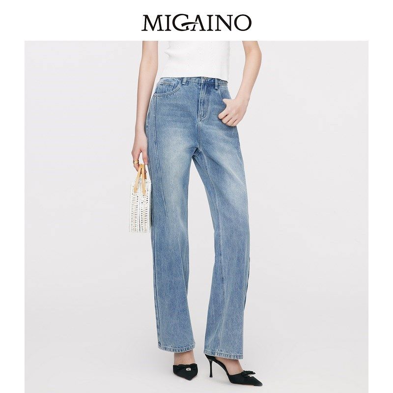 曼娅奴高腰牛仔裤2024夏季休闲百搭宽松版直筒裤女MO24NC604