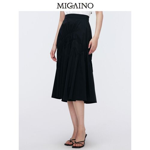 Migaino曼娅奴女装2024夏季新款高腰显瘦黑色褶皱半身裙MO22EB058