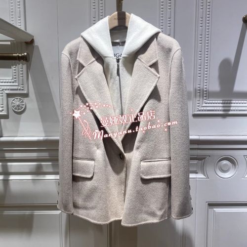 曼娅奴正品2023年新款冬装女毛呢大衣休闲连帽外套MN42GA077