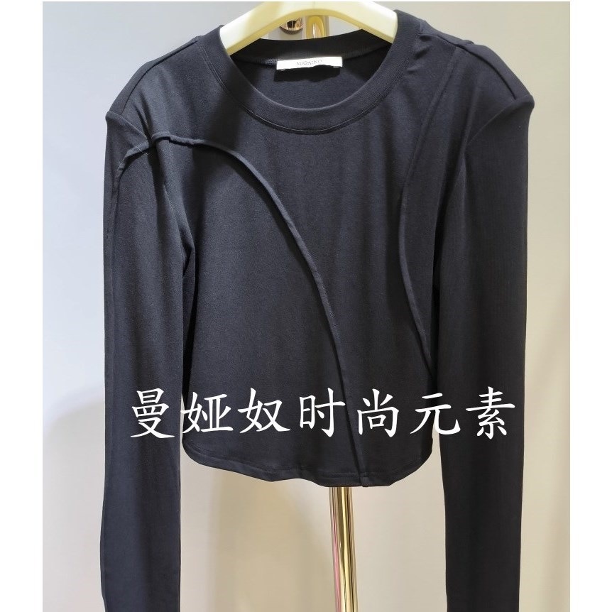曼娅奴女装2023春款新款打底黑色舒适上衣长袖T恤MN12RC012