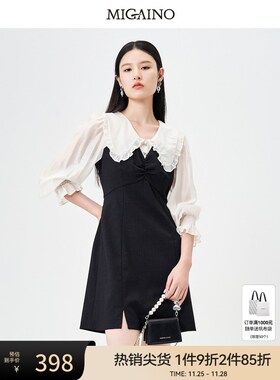 曼娅奴优雅连衣裙女2023新款娃娃领法式拼接长袖短裙MN34DC607