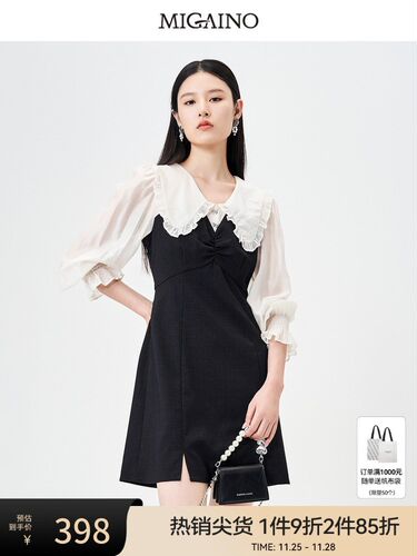 曼娅奴优雅连衣裙女2023新款娃娃领法式拼接长袖短裙MN34DC607