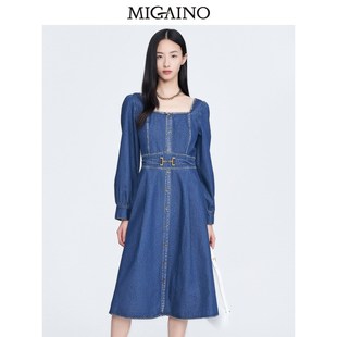曼娅奴女装法式连衣裙女春秋季新款方领显瘦牛仔裙MN12DJ113