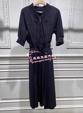 曼娅奴2024年春季正品拉链V领腰带显瘦百搭连衣裙女MO12DC028