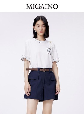 Migaino曼娅奴纯棉短袖T恤女2024春夏新款休闲白色上衣MO12RA009