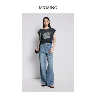 Migaino曼娅奴女装 MP22NC012 2025夏新款 复古水洗高腰阔腿牛仔裤