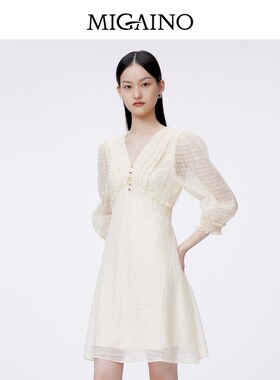 Migaino曼娅奴气质连衣裙女2024春夏新款V领收腰A字裙MO12DB099