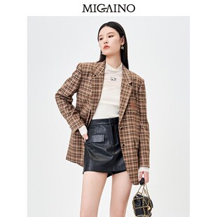 Migaino曼娅奴女装格子西装外套秋冬新款复古宽松西服MN44SS605