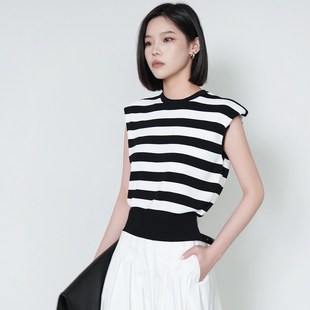 曼娅奴女装 莱赛尔上衣T恤黑白条纹MP24KW703 2025夏新款 圆领无袖