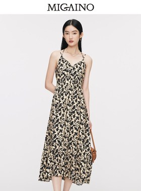 Migaino曼娅奴2024夏季新款小个中长款吊带印花连衣裙女MO24DD606