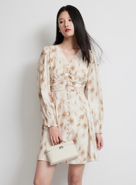 曼娅奴女装2025早春新款V领优雅美式显瘦印花茶歇连衣裙MP14DC672