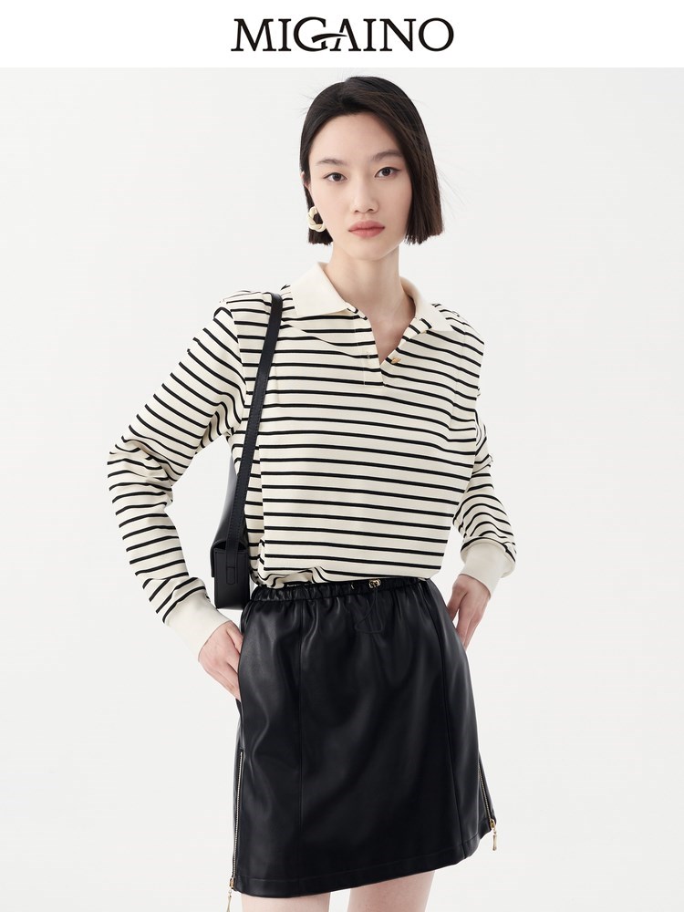 Migaino曼娅奴T恤2023年秋季新款翻领条纹宽松长袖上衣MN32RC053