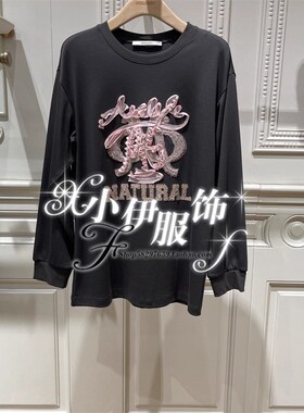 Migaino曼娅奴女装2024新款冬装圆领舒适绣花T恤上衣MO42RC009