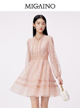 曼娅奴蕾丝连衣裙2024春收腰高腰长袖休闲优雅A字裙女士MO14DC616