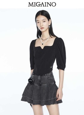 曼娅奴23夏季款黑色灯笼袖方领收腰显瘦衬衫女百搭上衣MN24AA625