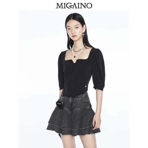 曼娅奴23夏季款黑色灯笼袖方领收腰显瘦衬衫女百搭上衣MN24AA625