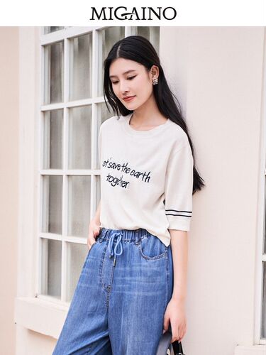 Migaino曼娅奴薄款针织衫女2023年春夏新款简约减龄短袖MN12KW228