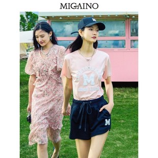 纯色刺绣简约正肩显瘦上衣MN24RA607 新款 曼娅奴短袖 T恤2023夏季