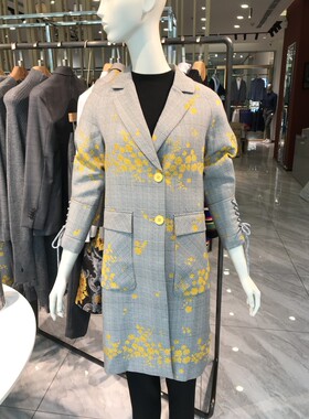 依文EVE CINA女士商务高档修身显瘦春秋款西服领灰色大衣吊牌3299