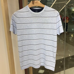 依文诺丁山正品男士时尚休闲高档圆领亚麻凉感浅蓝色T恤半袖短袖