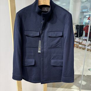 依文男士商务冬款纯绵羊毛面料藏蓝色翻领棉服衣夹克吊牌3680元