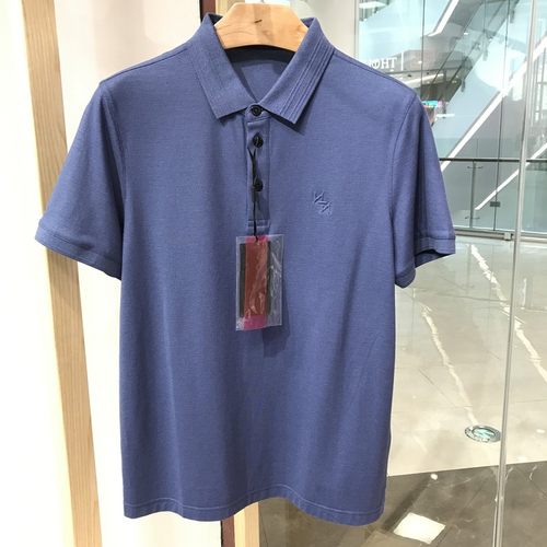 依文诺丁山男士商务棉桑蚕丝翻领牛仔蓝半袖短袖T恤polo衫1880元