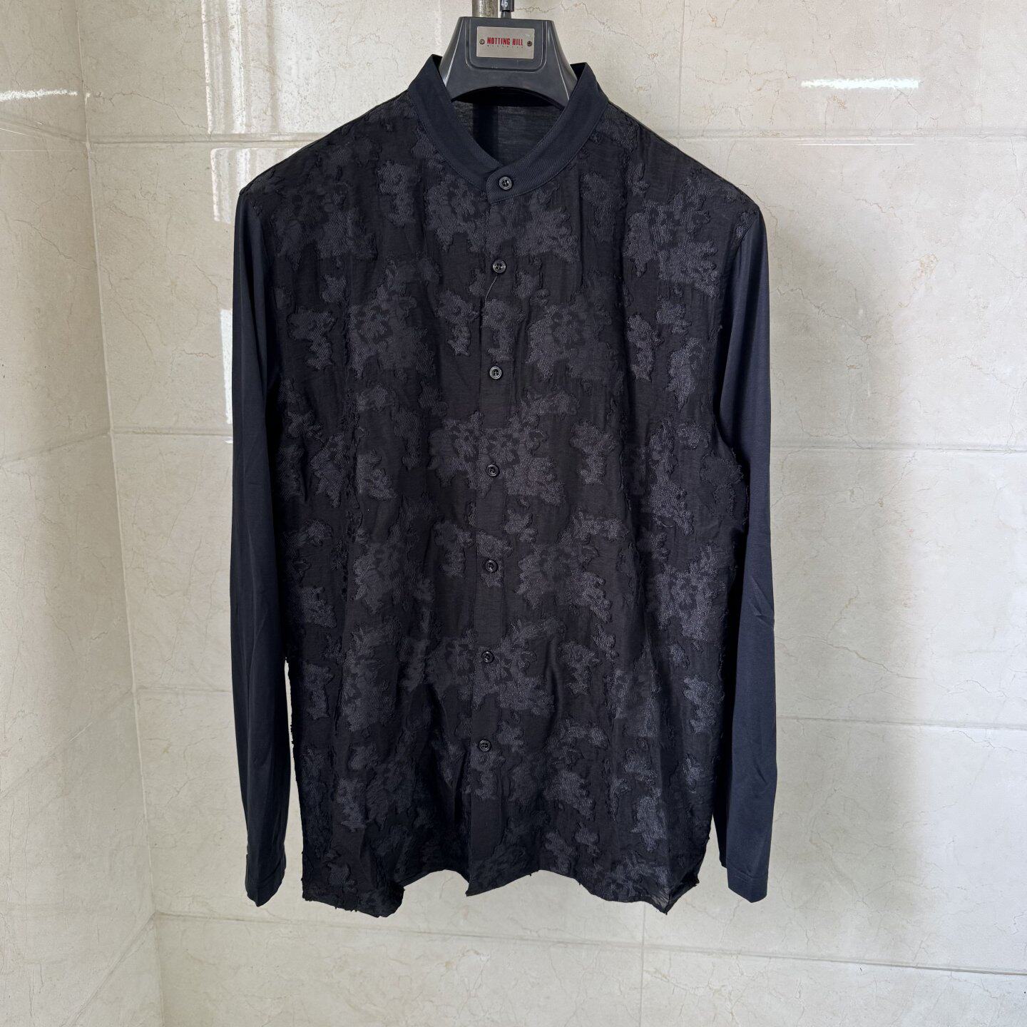 依文诺丁山男士中国风提花棉＋桑蚕丝黑色立领开衫衬衫T恤2280元