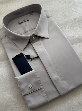 威*多男士商务大码特价暗门襟免烫弹性舒适浅灰色长袖衬衫1190元