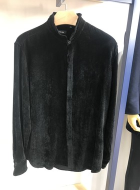 依文诺丁山男士黑色立领衬衫秋款纯粘纤面料衬衣吊牌价2380元