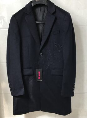 依文诺丁山男士商务时尚中长款西服领藏蓝色毛呢大衣专柜4580元