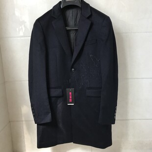 依文诺丁山男士商务时尚中长款西服领藏蓝色毛呢大衣专柜4580元