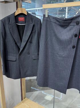 依文女装EVE CINA女士商务上班羊毛混纺职业灰色戗驳领西服短裙