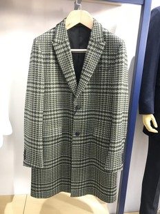 诺丁山男士意大利玛卓托纯羊毛西装领绿色格子毛呢大衣呢子大衣