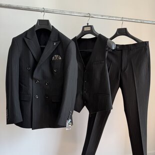 威尚梵恩斯男士春秋款羊毛桑蚕丝三件套戗驳领黑色条纹西服裤马甲