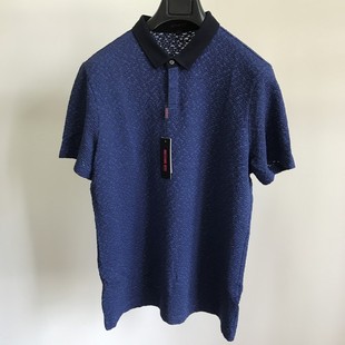 依文诺丁山男士商务中国风提花工艺翻领藏蓝色半袖短袖T恤2480元