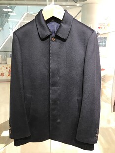 依文新款折扣男士商务高档纯棉羊毛中长款藏蓝色毛呢大衣2980元