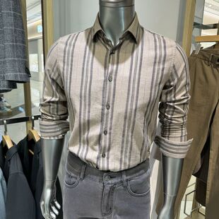 依文诺丁山秋款纯棉卡其色竖条纹意大利风长袖衬衫衬衣吊牌1680元
