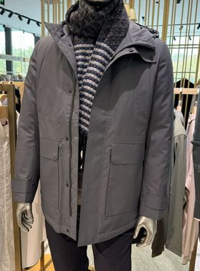 依文诺丁山男士商务连帽防雨雪中长款深灰色羽绒服吊牌价4580元