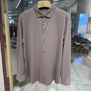 依文男士商务棉桑蚕丝纤维锦纶弹性咖啡色长袖开衫衬衫吊牌1480元