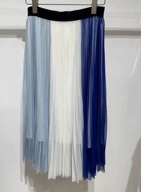 依文EVE CINA女士商务显瘦职业上班灰蓝色半身裙百褶裙子专柜同款