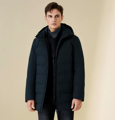 依文男装连帽绿色羽绒服中长款防风抗寒商务保暖加厚男士冬季外套