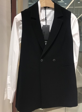 依文女装诺丁山春秋黑色女士修身中长款无袖马甲西装马夹背心坎肩